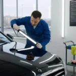 Professional automotive detailing products including car shampoo, compound, polish, ceramic coating, microfiber towels, and polishing pads arranged in a modern detailing studio.