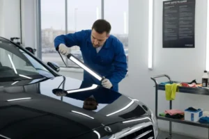 Professional automotive detailing products including car shampoo, compound, polish, ceramic coating, microfiber towels, and polishing pads arranged in a modern detailing studio.