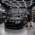 Professional automotive detailing studio with a technician performing paint correction on a luxury vehicle using advanced detailing equipment.