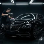 Professional detailer following a systematic paint correction process on a luxury vehicle inside a modern automotive detailing studio.
