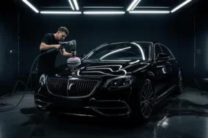 Professional detailer following a systematic paint correction process on a luxury vehicle inside a modern automotive detailing studio.