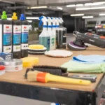 Professional automotive detailer using a paint correction compound and dual-action polisher on a luxury car under LED inspection lights in a detailing studio.
