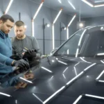Professional automotive detailer building customer trust by delivering a premium vehicle detailing service and discussing the completed work with the customer.