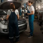 Professional automotive detailing studio with an organised workstation, detailing tools, labelled chemicals and a vehicle prepared for a standardised detailing process